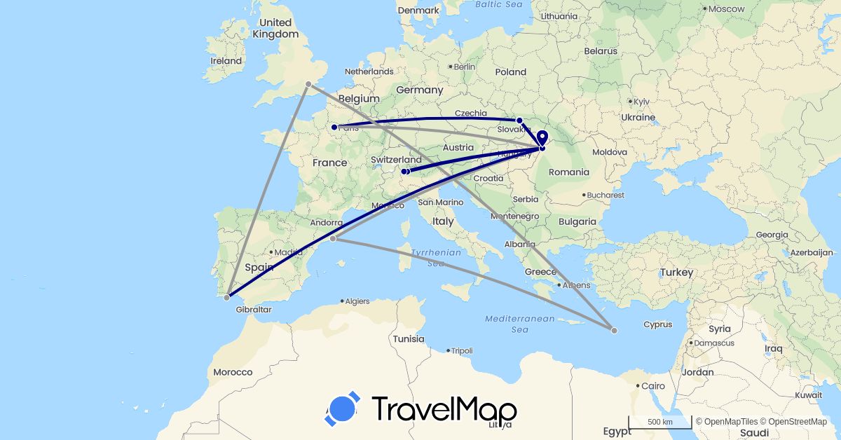 TravelMap itinerary: driving, plane in Switzerland, Cyprus, Spain, France, United Kingdom, Italy, Poland, Portugal, Romania (Asia, Europe)